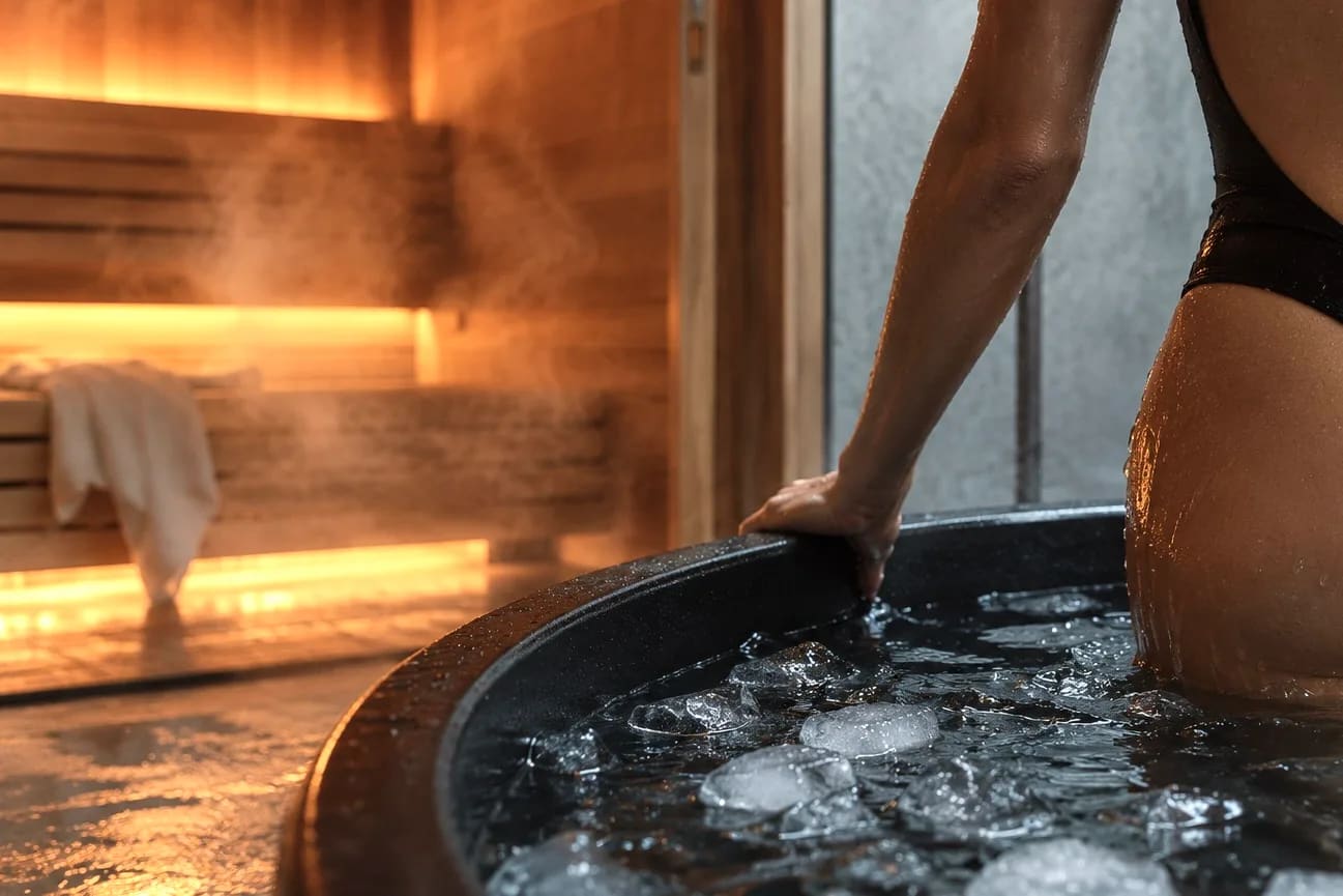 Hand taucht ins Eisbad, im Hintergrund die warm beleuchtete Sauna